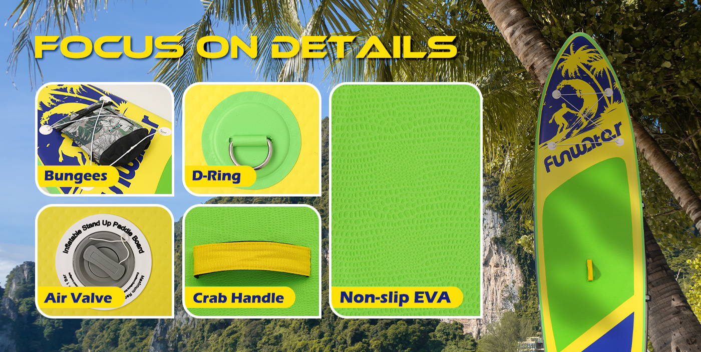 Funwater inflatable SUP boards focus on board details: bungees, D-Ring, Air valve, Crab handle, non-slip EVA
