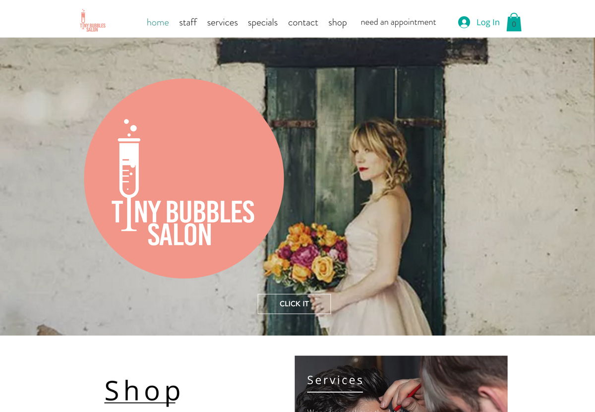Screenshot of Tiny Bubbles Salon, from the beauty websites collection.