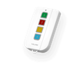 Smart white handheld fob from YoLink. Four buttons aligned in a column from top to bottom labeled 1,2,3, and 4 with colors green, red, yellow, and blue.