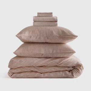 Deluxe Linen Duvet Bundle | Quince Terracotta/White Stripe-Queen