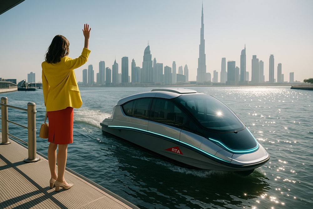Woman waves from a dock as a futuristic boat sails past, with the Dubai skyline and Burj Khalifa towering in the sunny background.
