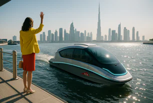 Woman waves from a dock as a futuristic boat sails past, with the Dubai skyline and Burj Khalifa towering in the sunny background.