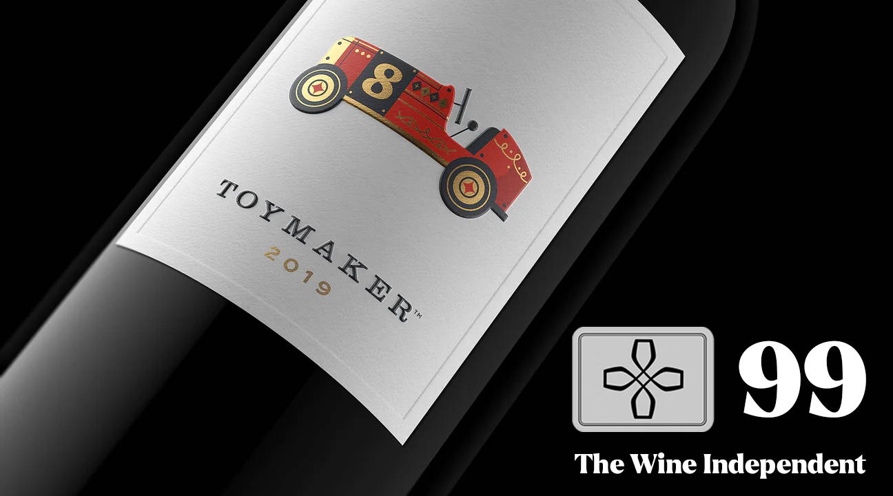 Illustrated image of a toy airplane flying past an image of a bottle of the 2017 ToyMaker Cabernet Sauvignon 750 ML wine bottle. Wines by Martha McClellan,Martha McClellan,Martha McClellan,Martha McClellan,Martha McClellan,Martha McClellan,Martha McClellan,Martha McClellan 