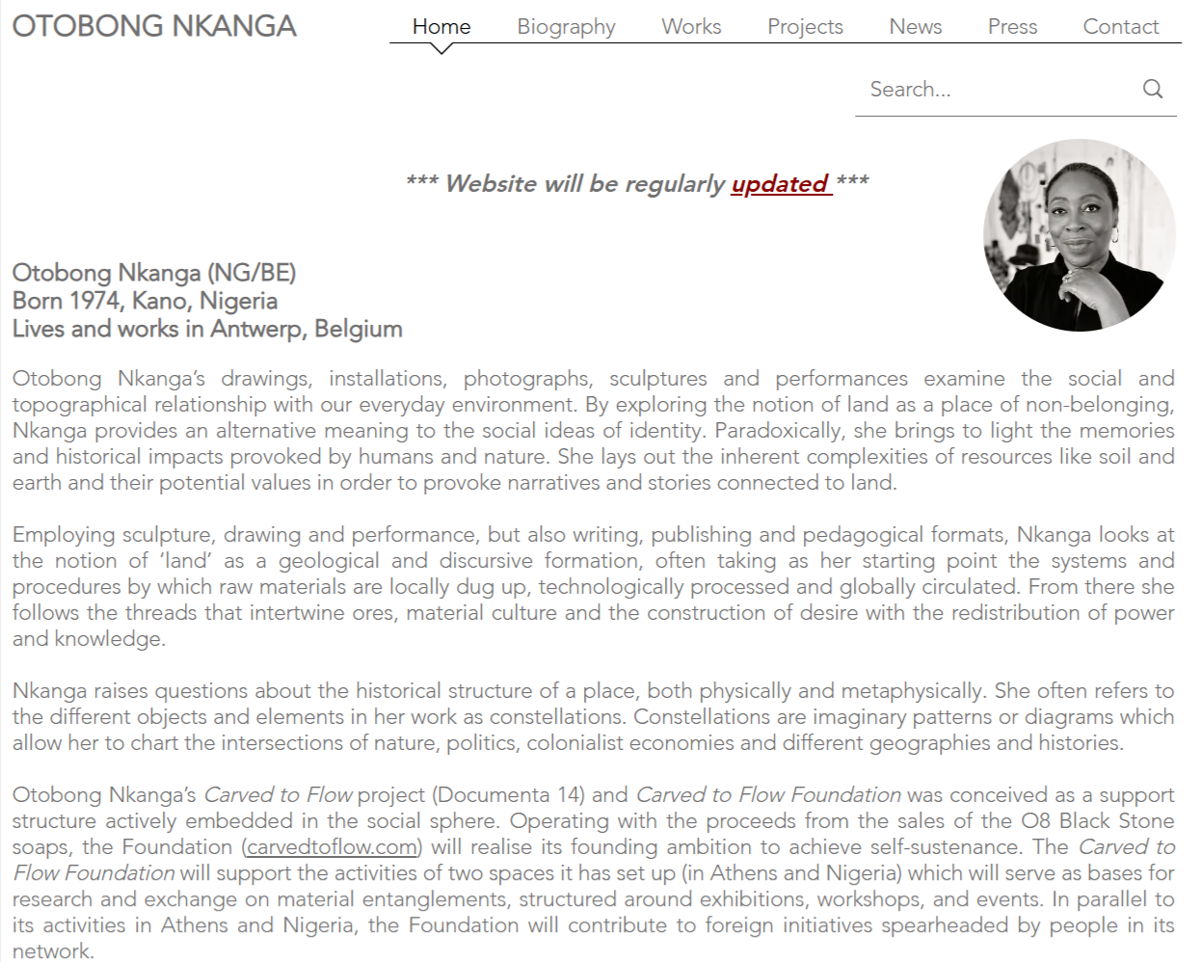 Screenshot of Otobong Nkanga, from the sculptor portfolios collection.
