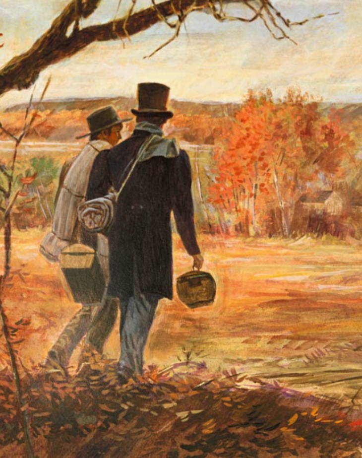 Painting of two early Latter-day Saint missionaries walking across an autumn landscape.