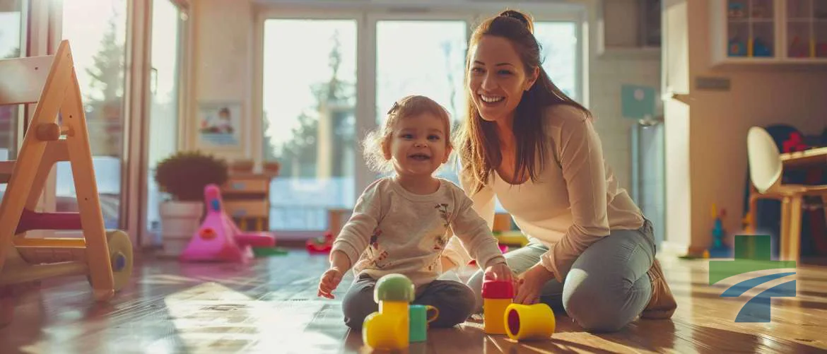Joyful moment between a nurse and her child at onsite childcare