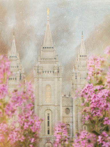 The Salt Lake Temple surrounded by pink flowers. 