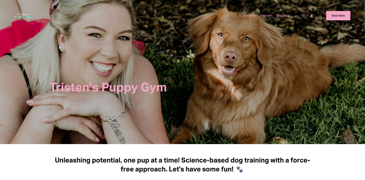 Screenshot of Tristen's Puppy Gym, from the squarespace fitness websites collection.