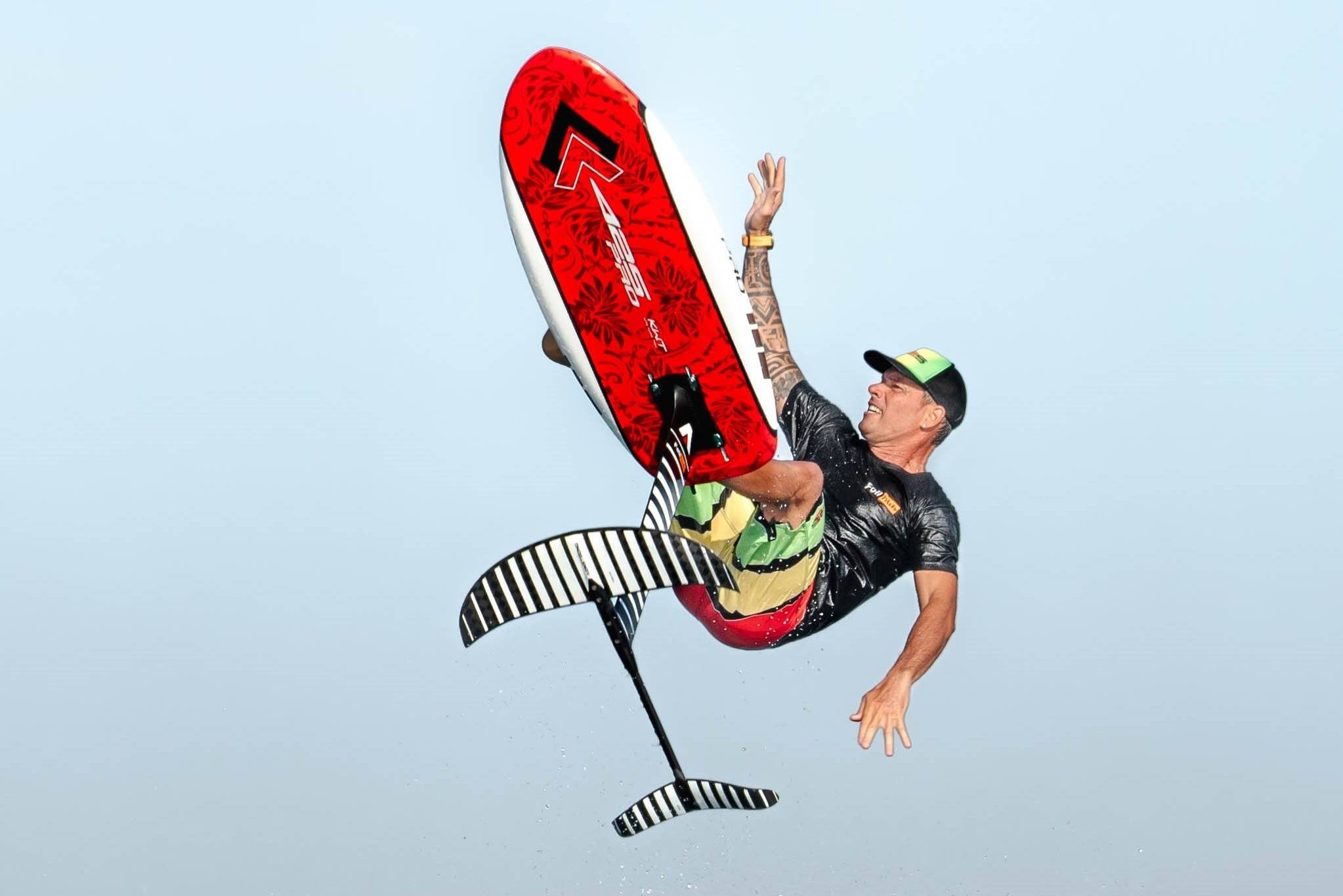 425pro K.W.T. board which stands for Kite foil, Wake foil and Tow foil board. A man in action. 