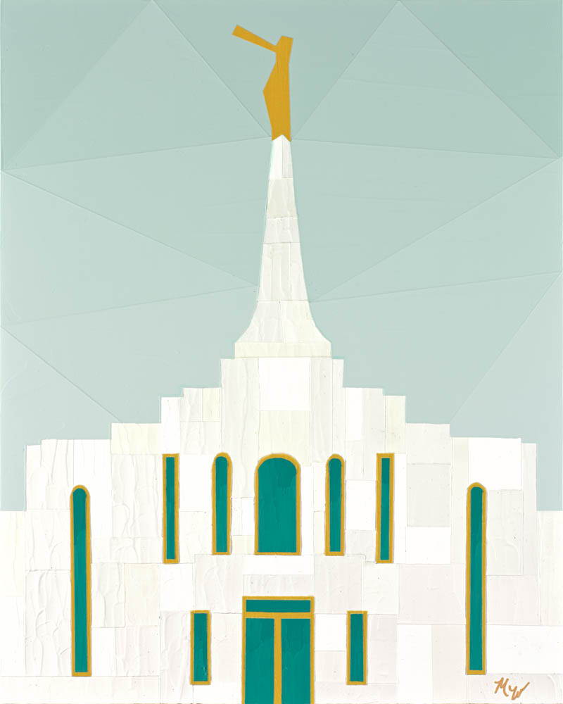 Minimalist painting of the Gilbert Temple. The windows and doors are framed with gold. 