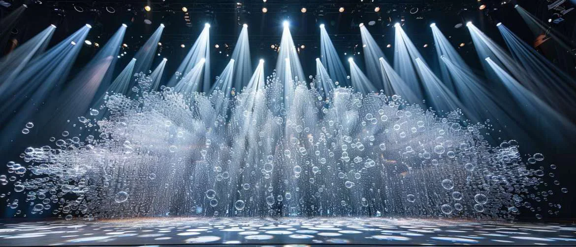 Countless bubbles symbolize lives saved by surfactant research under bright spotlights.