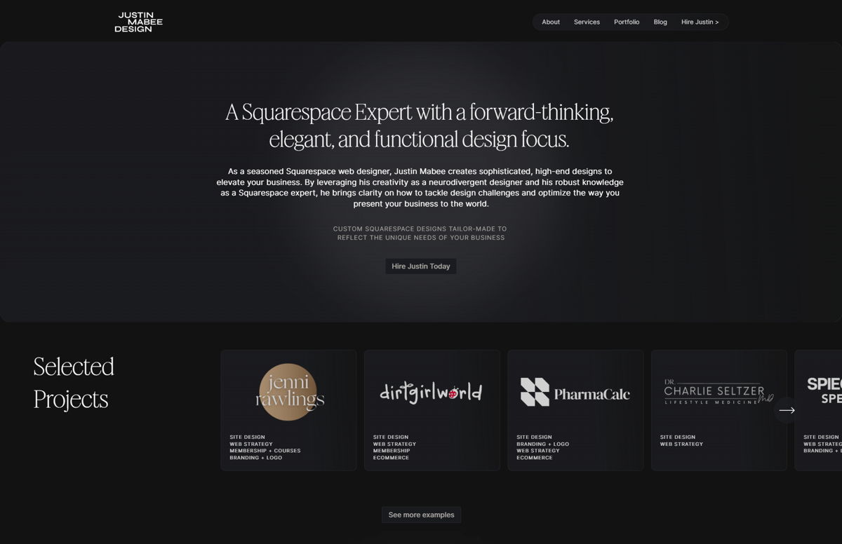 Screenshot of Justin Mabee Design, from the digital portfolio examples collection.