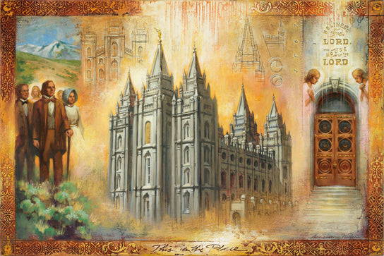 Triptych showing Birgham Young, the Salt Lake Temple, and the temple doors. 