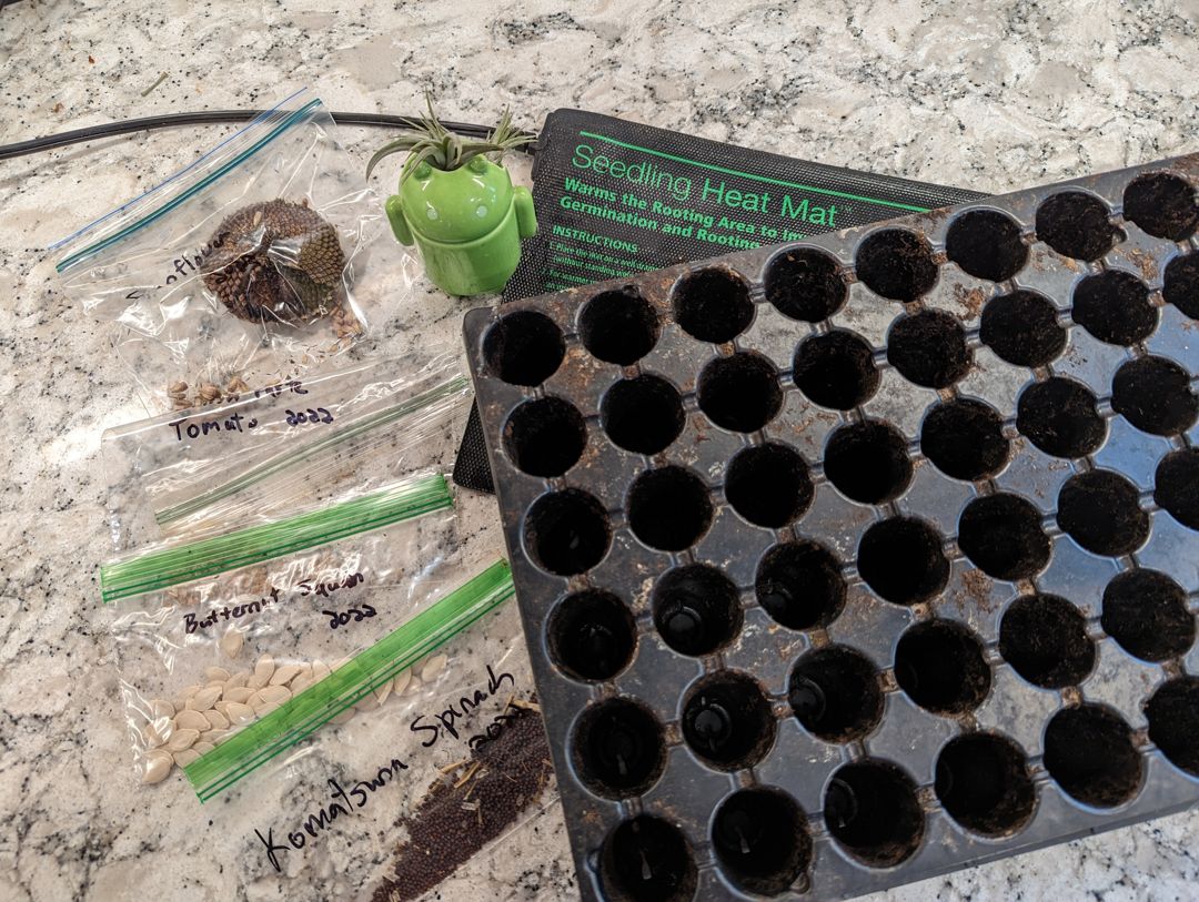 My seedling heat mat, a seedling tray, seeds, and an Android figurine with air plants.
