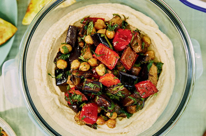 Houmous garni d’aubergine au miel