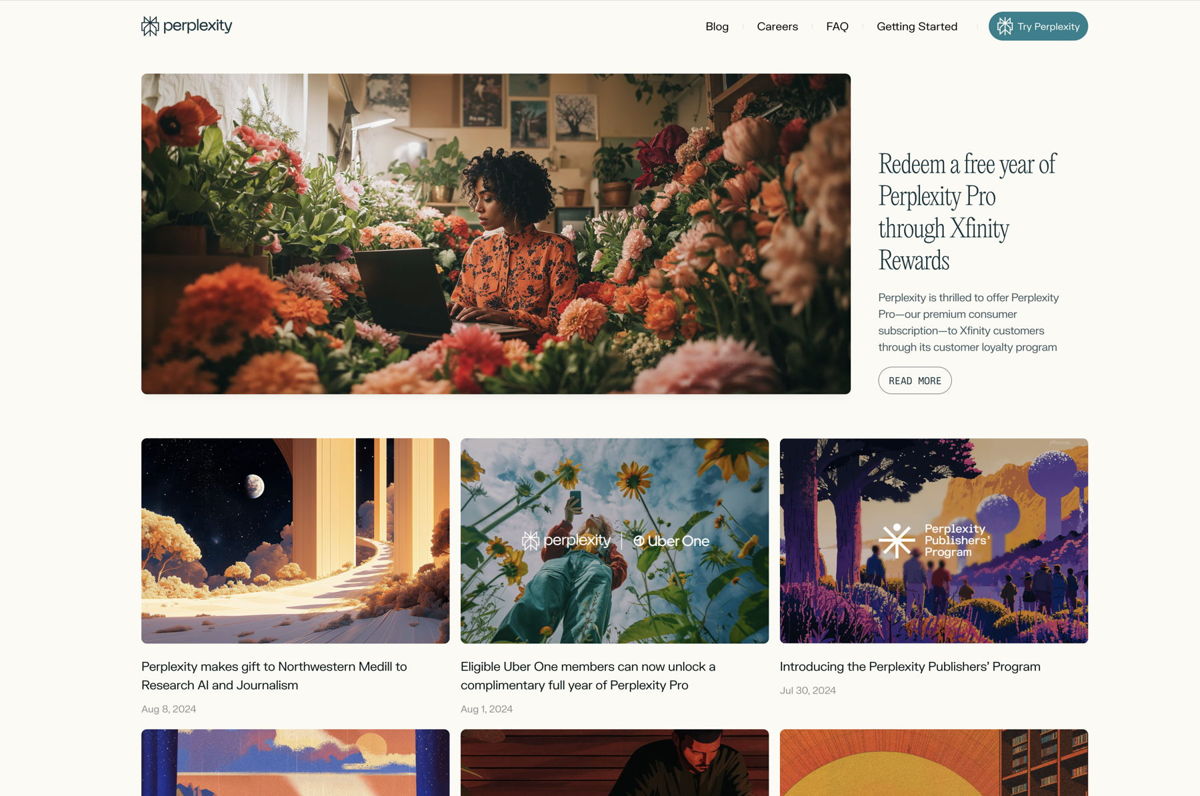 Screenshot of Perplexity Blog, from the  framer websites collection.