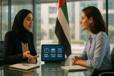 Business meeting in a modern office with two women reviewing HR terms like work hours, annual leave, and notice period on a tablet.