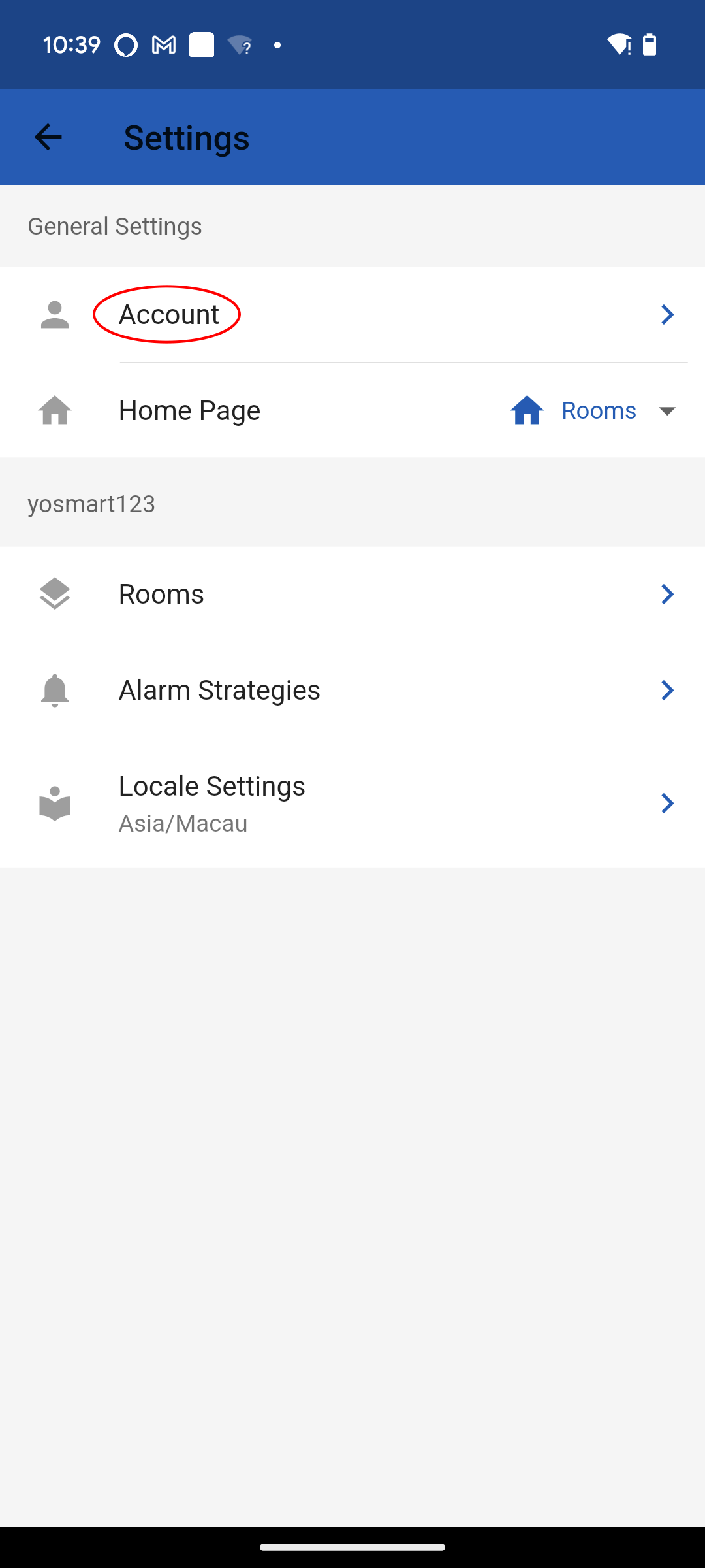 Settings screen with general options. Tap Account to open account settings.