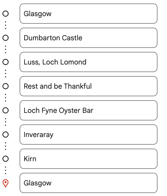 7. The list of stops on the Glasgow to the Highlands, Loch Lomond and Inverary tour from Private Scottish Tours