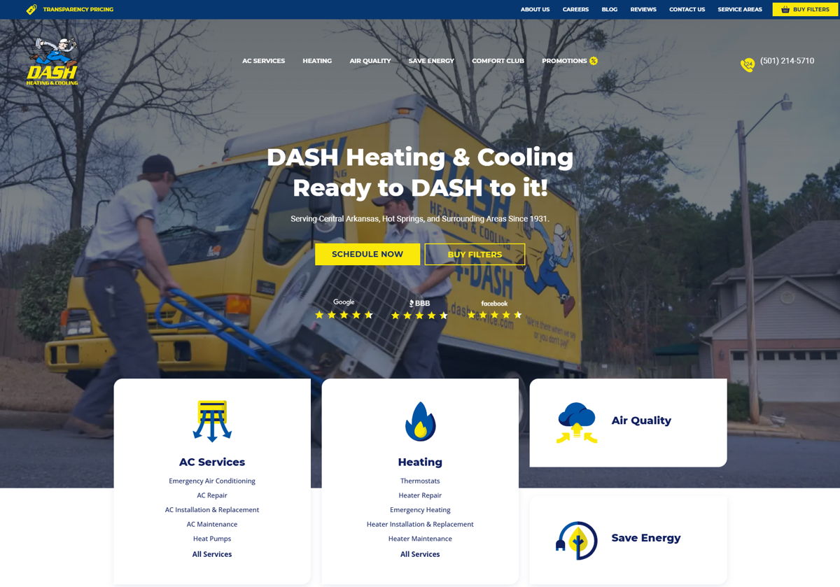 Screenshot of Dash Heating and Cooling, from the website hero section designs collection.