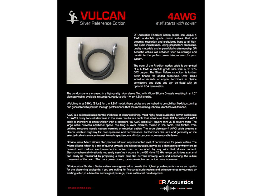 DR Acoustics Vulcan Audiophile power cord Cable Big 4 AWG Gauge