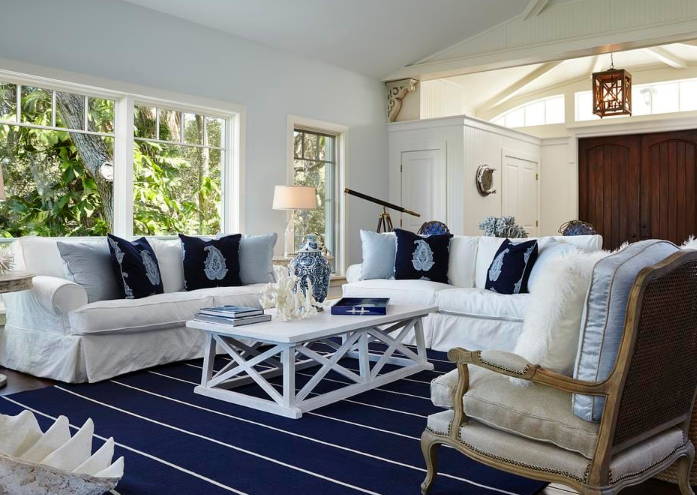 Living room with navy and white striped nautical rug