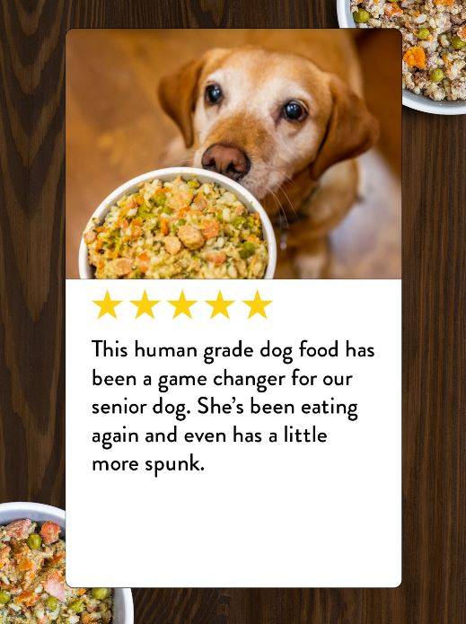 A review from an owner praising the benefits of Portland Pet Food's human-grade dog food toppers for senior dogs.
