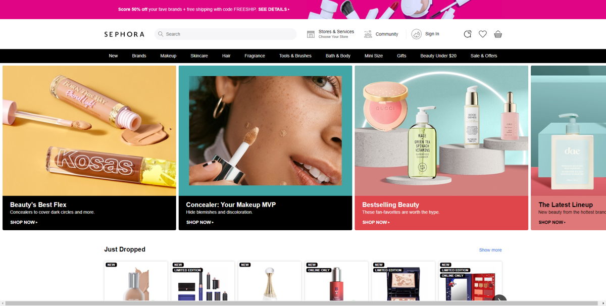 Screenshot of Sephora, from the beauty websites collection.