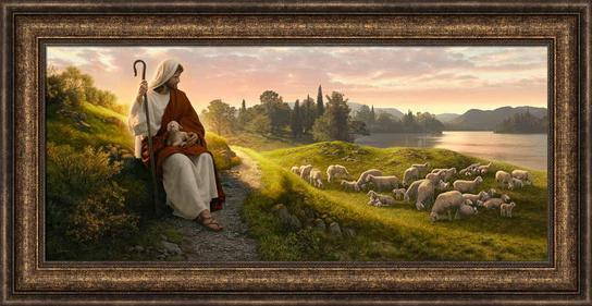 Panoramic painting of Jesus sitting on a green hill watching over a flock of sheep.