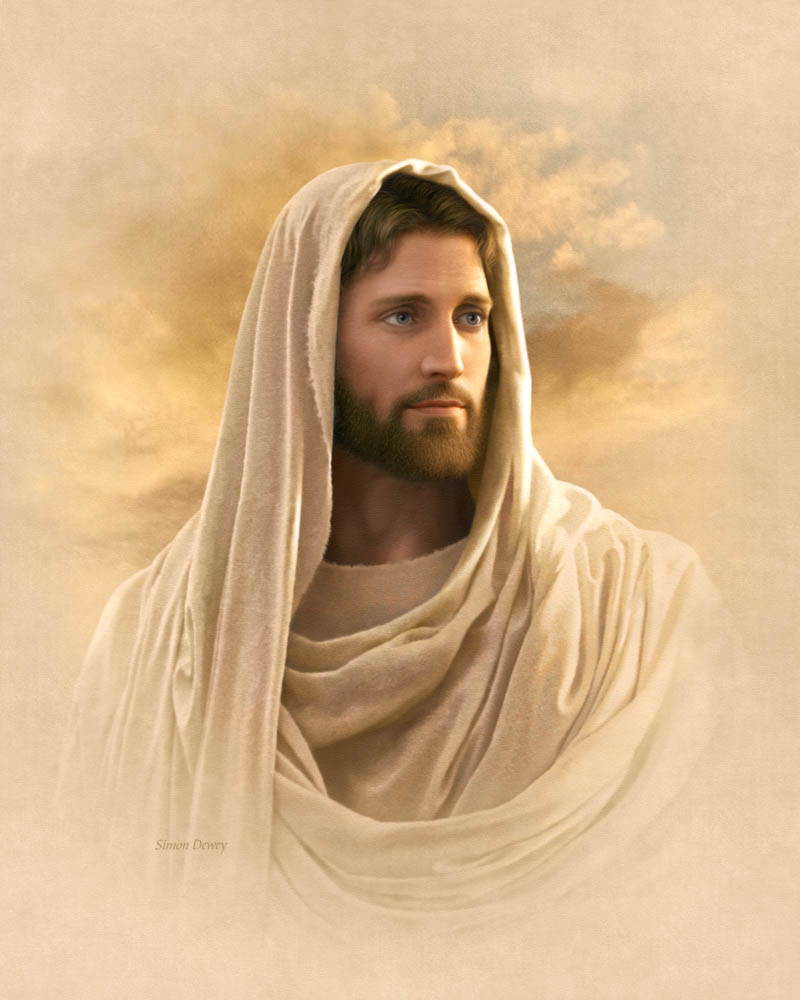 Portrait of Jesus. He wears a cream-colored robe. The portrait slowly fades into the same cream color.