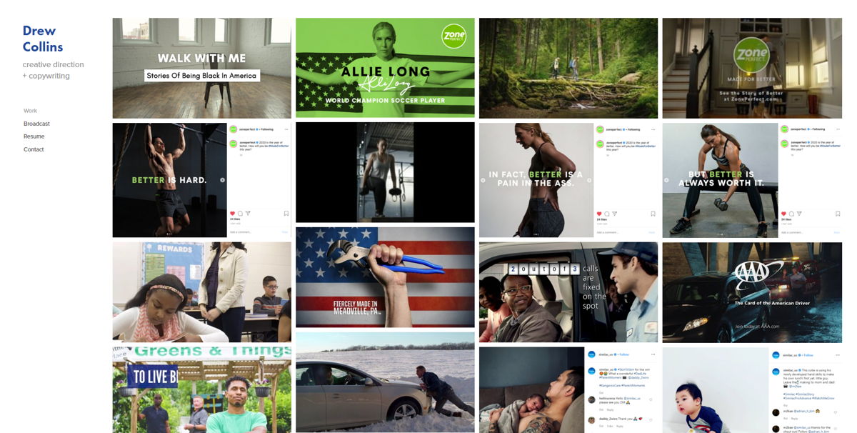 Screenshot of Drew Collins, from the copywriting portfolios collection.