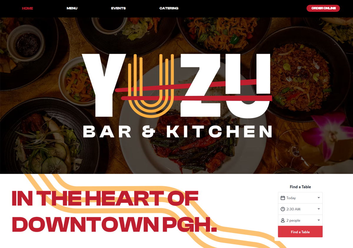Screenshot of Yuzu Kitchen, from the wix restaurant website examples collection.