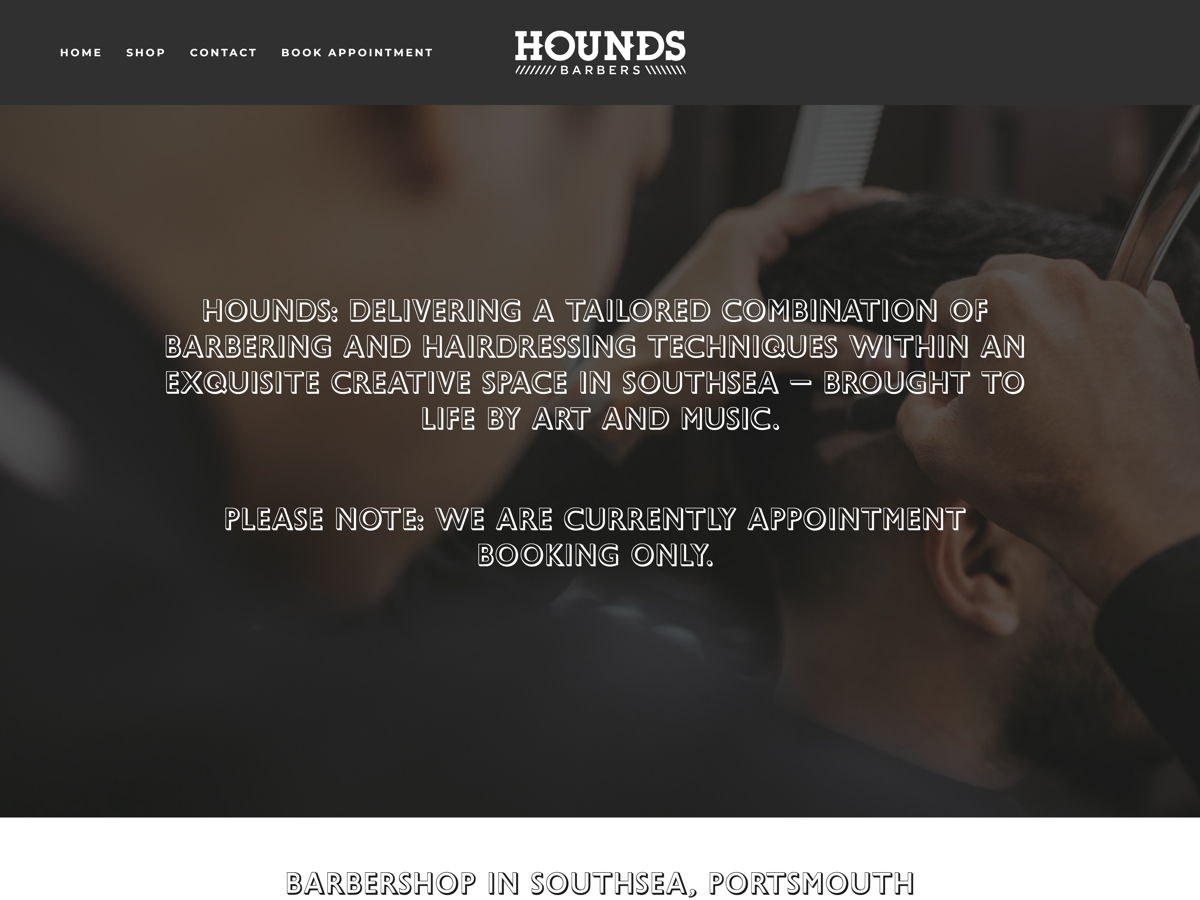Screenshot of Hounds Barbers Portsmouth, from the salon websites collection.