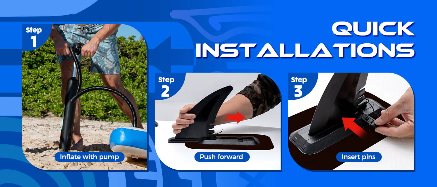 Inflatable SUP board quick installations: inflate paddle board with pump, push fins forward, insert fin pins