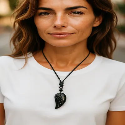 My Guardian Divine Light Obsidian Angel Wing Necklace - Includes Leather Band