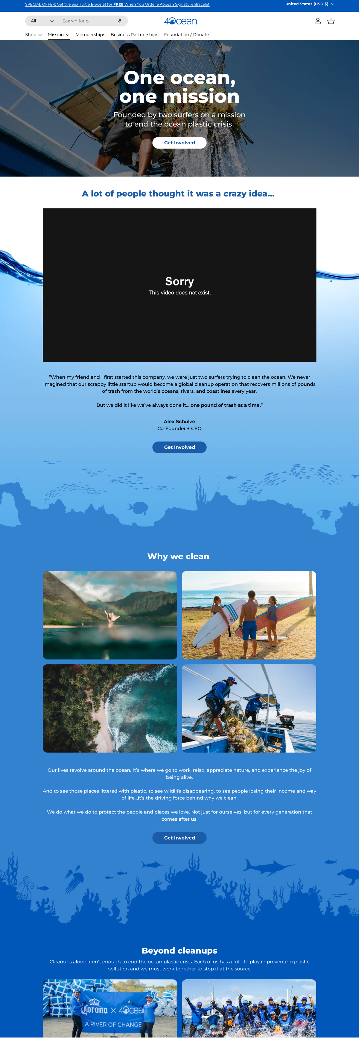 Screenshot of 4ocean, from the about us page examples collection.