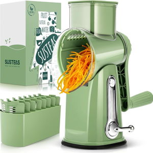 Rotary Grater | SUSTEAS Rotary Cheese Grater with Handle - Vegetable Shredder with 5 Well-designed Blades & Strong Suction Base,Round Mandoline Slicer & Food Chopper for Kitchen,with Blade Storage Box(Retro Green)