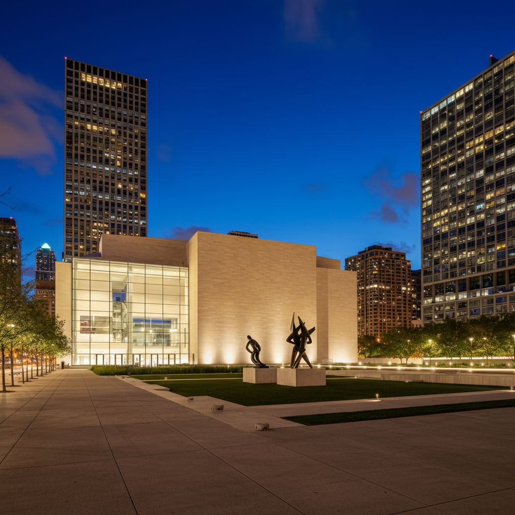 Cultural evening at the Museum of Contemporary Art in Streeterville, with the illuminated modern building and sculpture garden visible against the twilight sky. The proximity to premier cultural institutions represents a significant lifestyle advantage that influences buying decisions in this neighborhood.