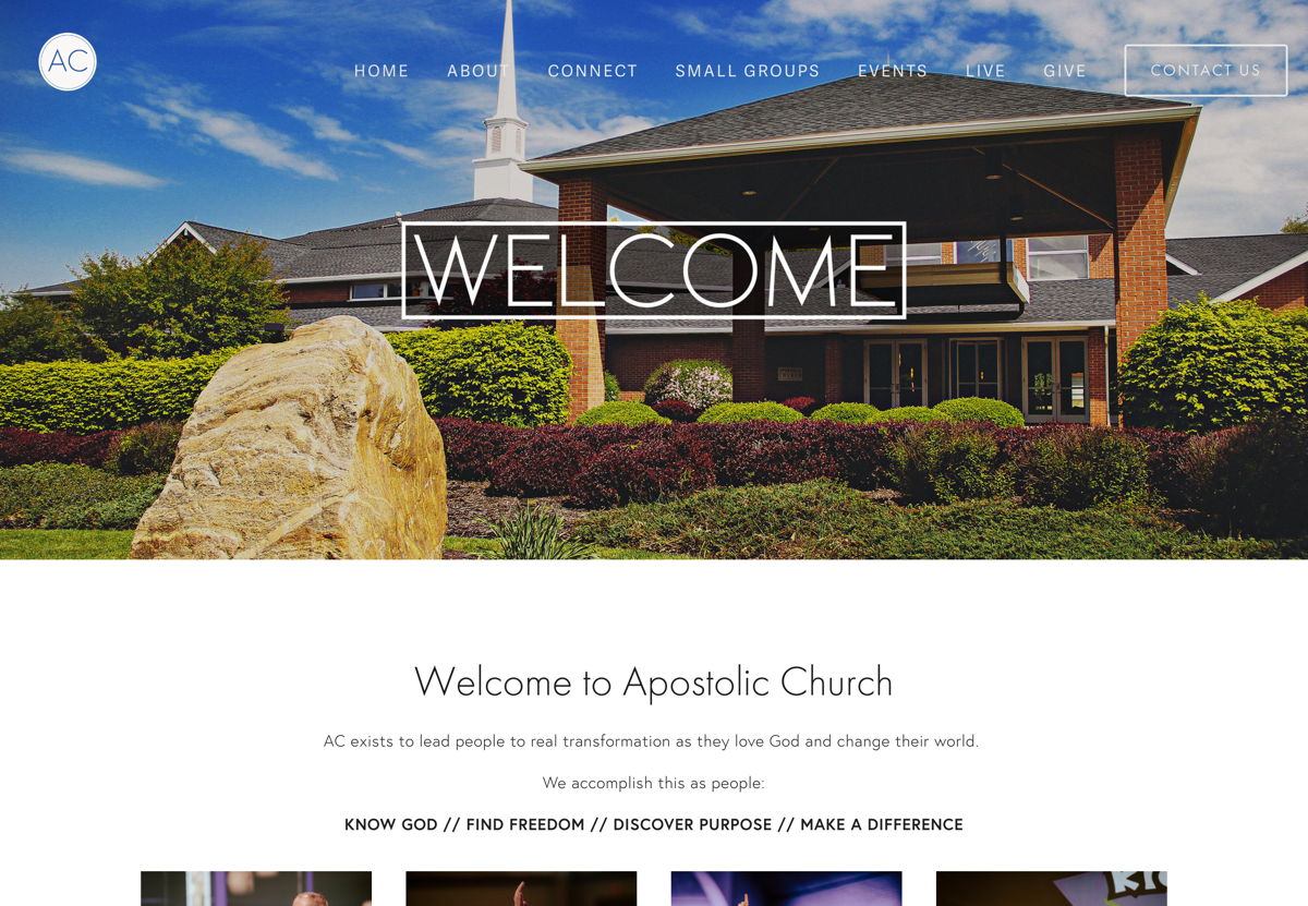 Screenshot of Apostolic Church, from the squarespace church websites collection.