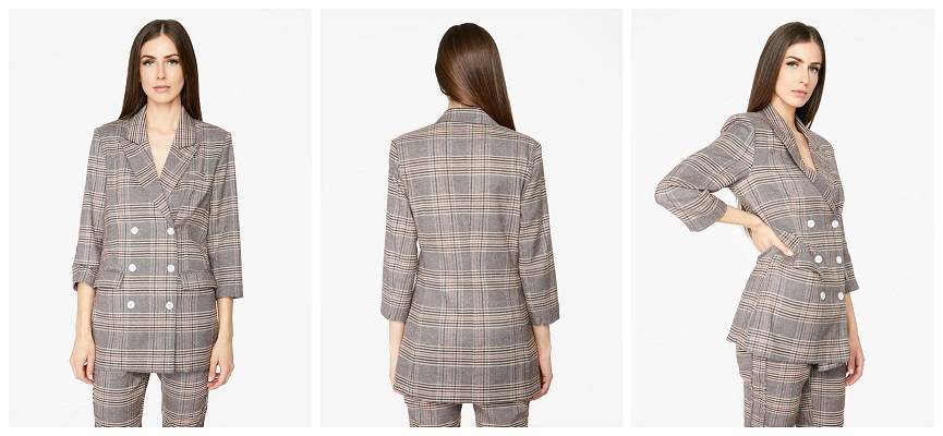 Brown Double Breasted Plaid Blazer