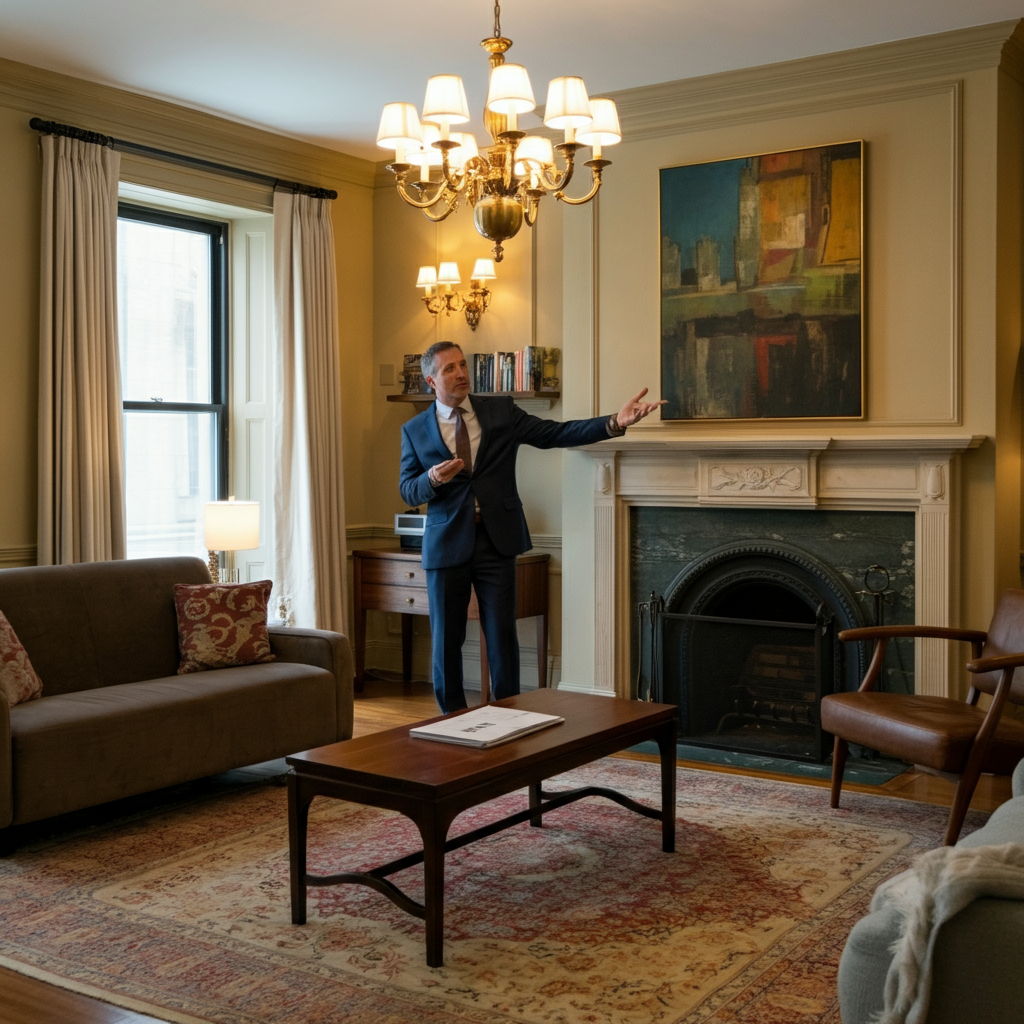A luxury real estate broker presenting neighborhood inventory data in an elegant Gold Coast townhome living room with classic architectural details. The warm, sophisticated space features hardwood floors, crown molding, and a marble fireplace, representing the timeless appeal that drives demand in this neighborhood.