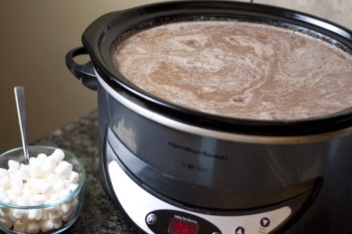 Hot chocolate in crock-pot with marshmallows on the side