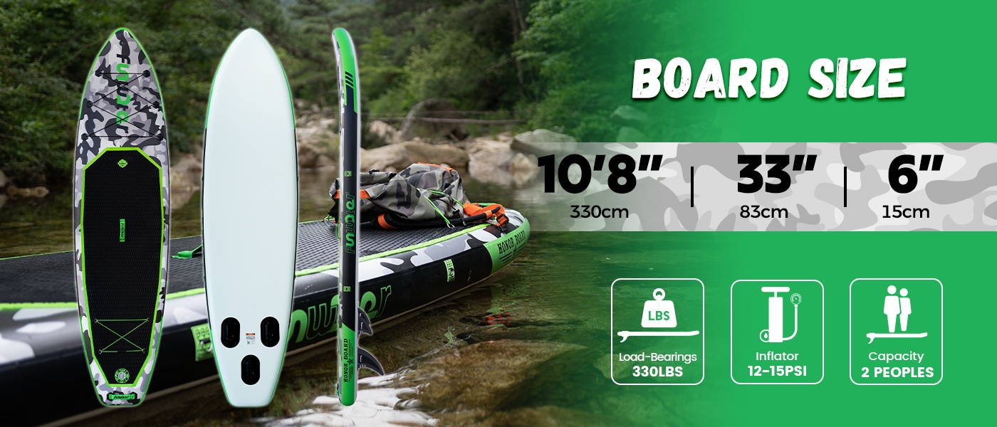 Inflatable SUP board size is 10'8" length, 33" width, load-bearings is 330LBS, inflator is 12-15 PSI, capacity is 2 peoples