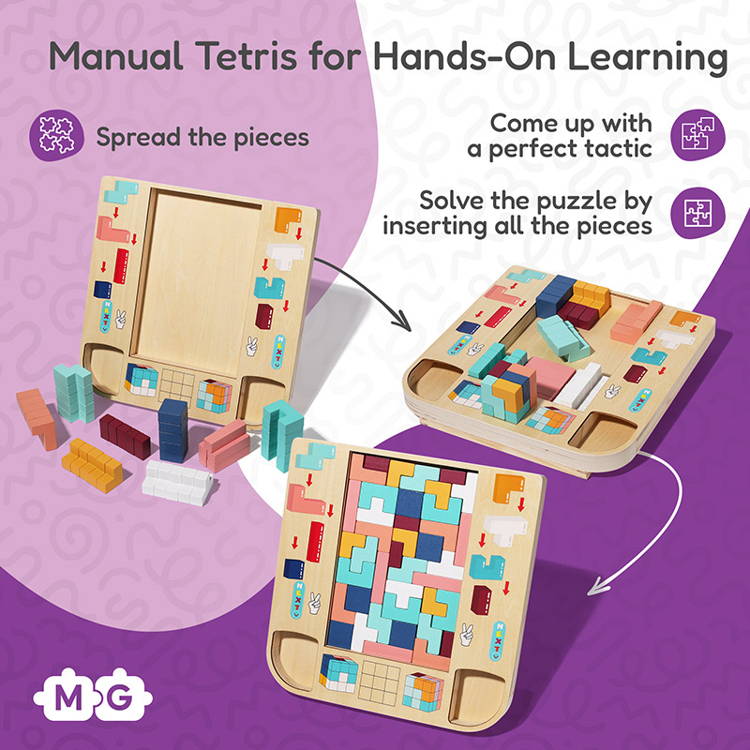 A Montessori Wooden Tetris játékkal való játék utasításait bemutató infografika.