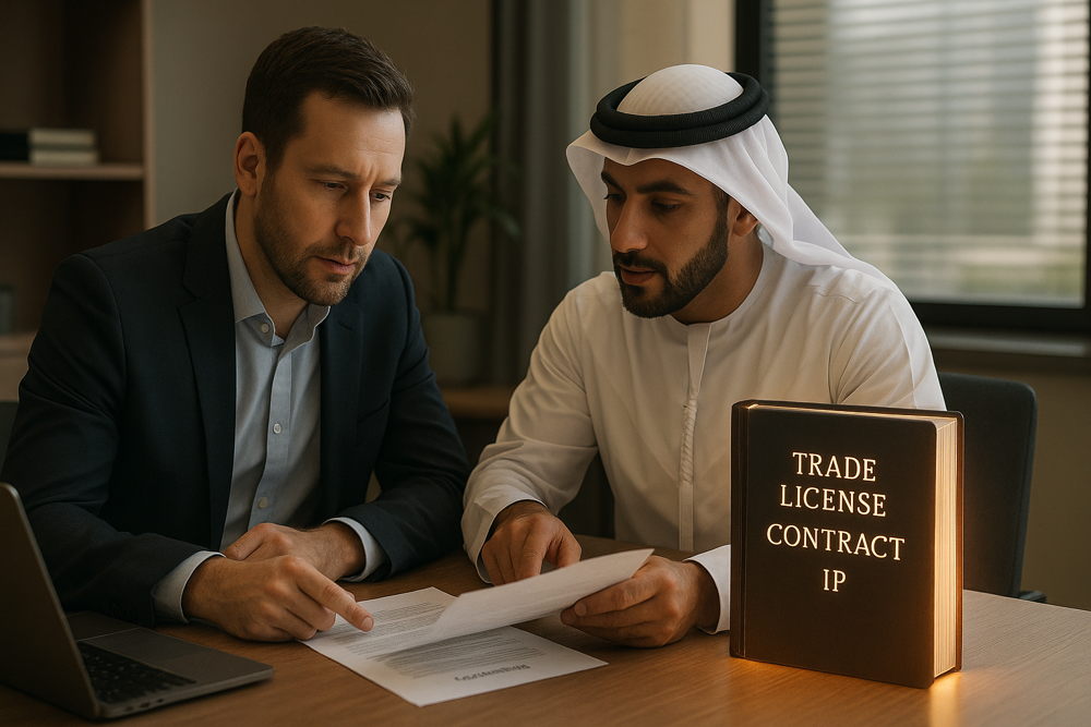 Two diverse businessmen discuss a document at a desk with a laptop and an illuminated sign for "TRADE LICENSE CONTRACT IP".