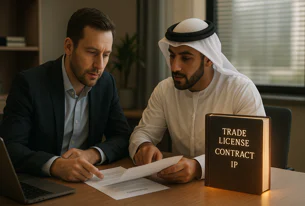 Two diverse businessmen discuss a document at a desk with a laptop and an illuminated sign for "TRADE LICENSE CONTRACT IP".