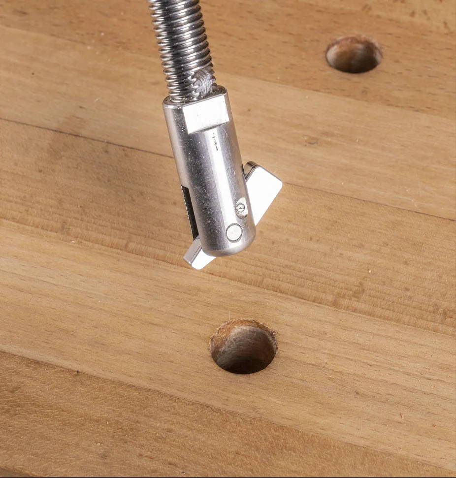 To eliminate the hassles of hold down installation on a workbench, Harvey developed a unique “Toolless Installation Mechanism” on the bottom of the Pillar Shaft for the Compass AH 3 Arch Hold down