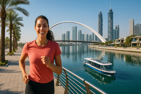 Cheerful woman running on a riverside path lined with palm trees. Modern city skyline with skyscrapers and a white arch bridge visible across the water, with a boat passing by.