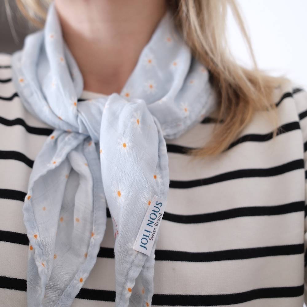 Foulard joli nous bleu blanc élégant chic pour bébé ou enfant, bambou OEKO-TEX et coton GOTS doux pratique polyvalent élégant chic haut de gamme ligné marine 