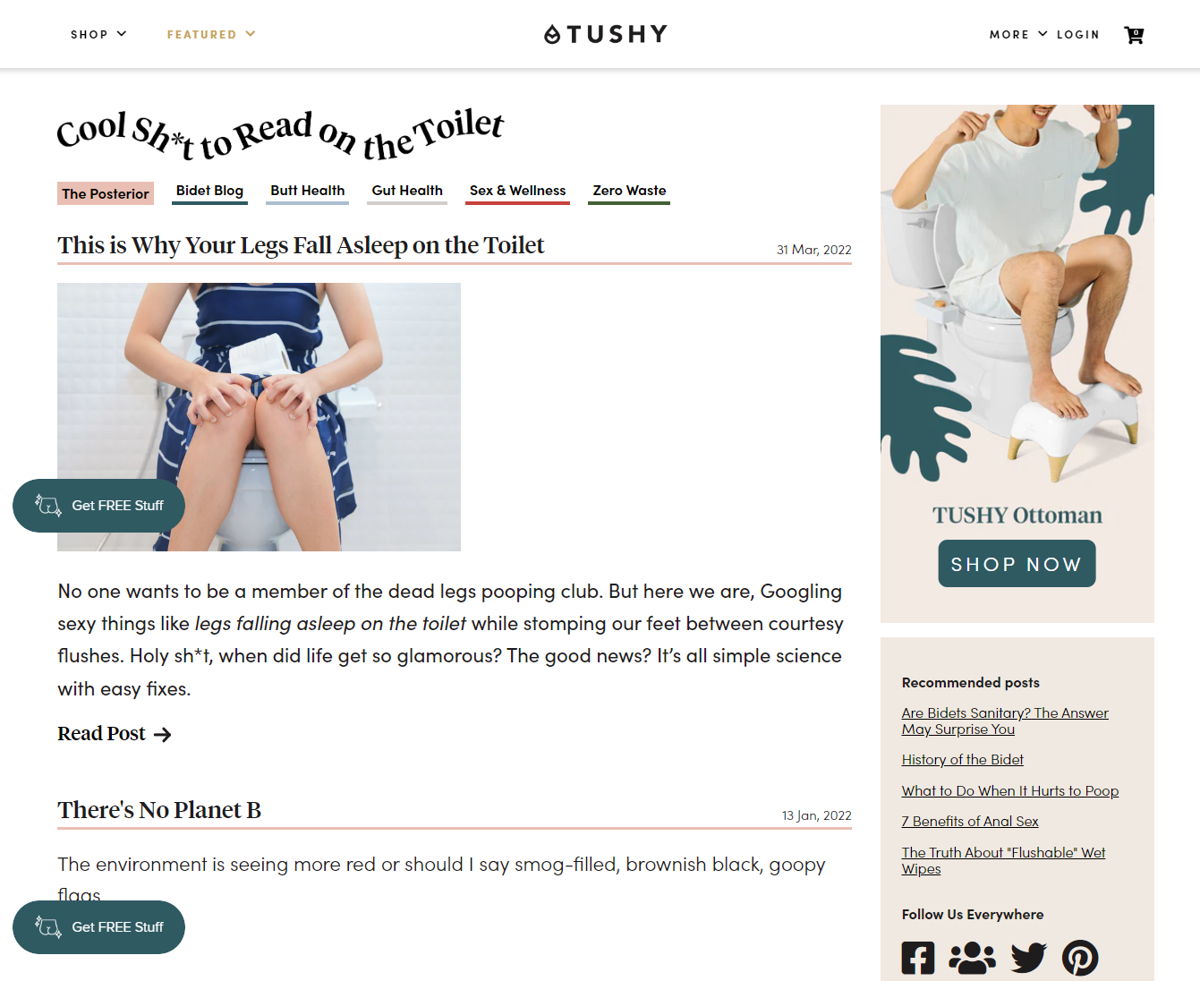 Screenshot of The Posterior by TUSHY, from the shopify blog examples collection.